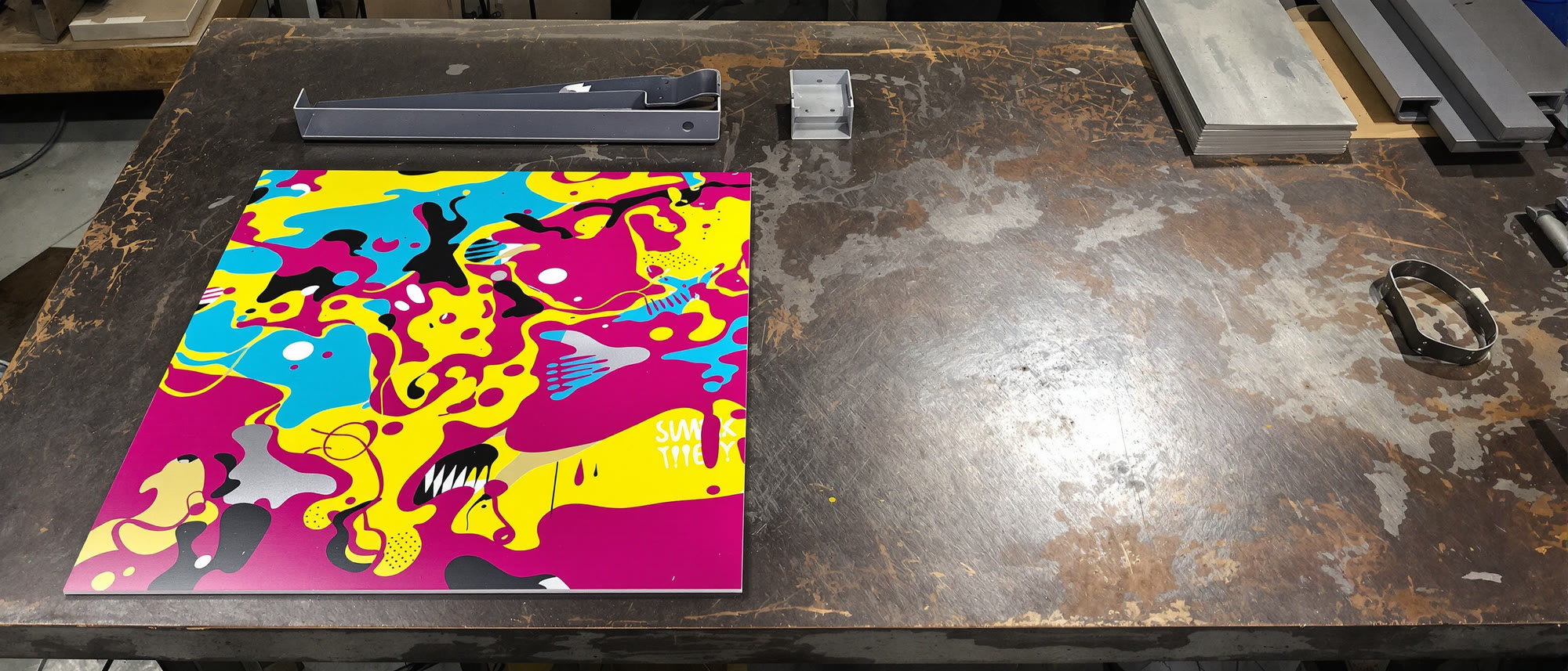 A row of finished metal panels on a dark bench, color running out into raw gray.