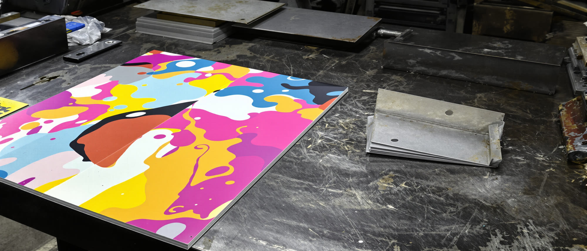 A full-color printed aluminum panel resting on a scuffed steel bench beside a stack of raw gray blanks.