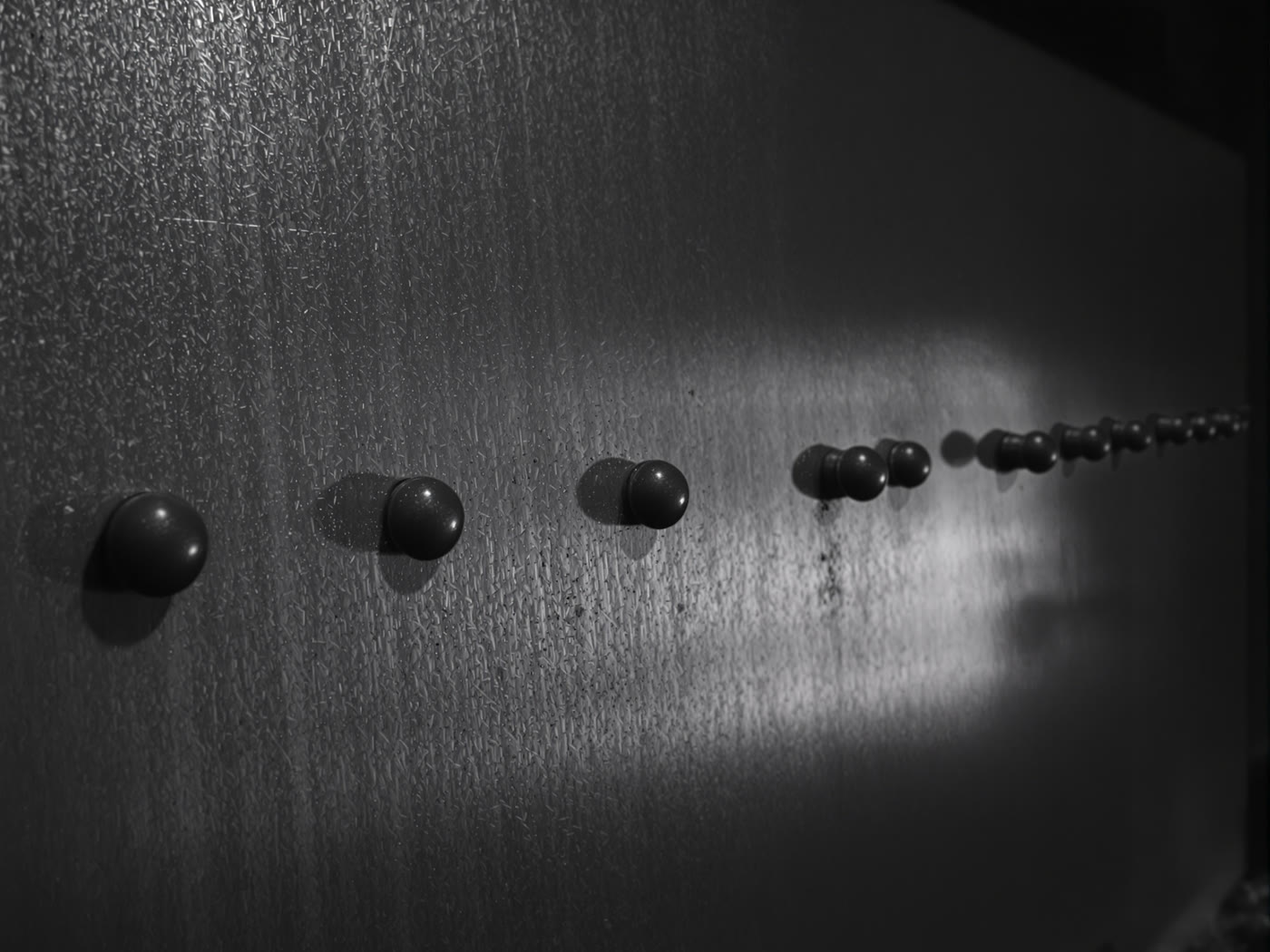 Raking light across raised Grade 2 braille domes on a printed metal ADA sign.