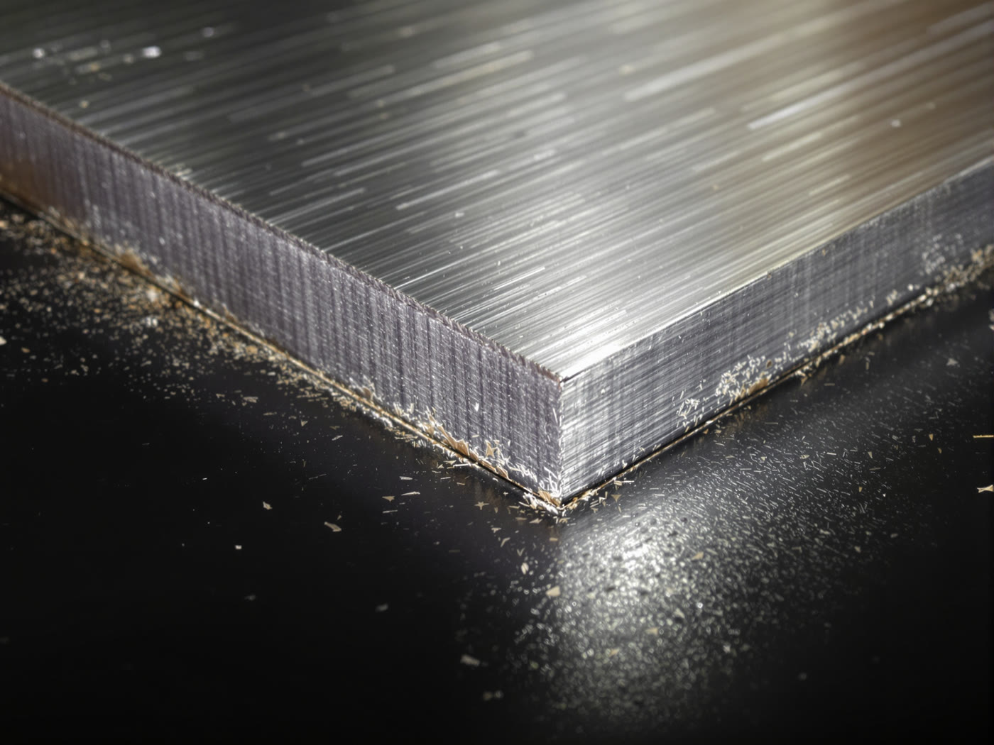 Macro detail of a laser-cut edge on aluminum, clean kerf, no oxide.